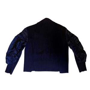 ZARA Women's Dark Navy Cable Knit Button Cardigan Jacket Satin Sleeves Size S